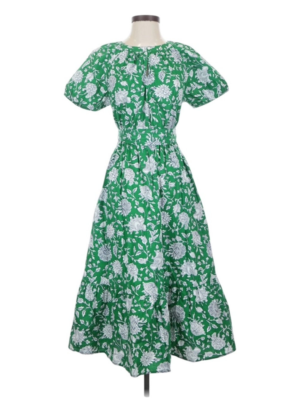 J. Crew Floral Midi Dress 0 Green Tie Waist Short Sleeve Vacation Summer NWT
